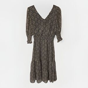 1State Paisley Printed V Neck Ruched Metallic Thread Boho Midi Dress Modest Sz S